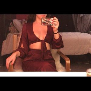 “Tied Trying Satin Set” burgundy.